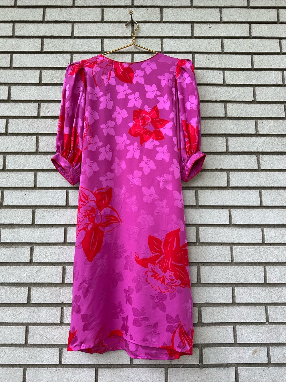 Vintage Flora Kung 100% Silk Pink Red Floral Shift Dress Puff Sleeve 8